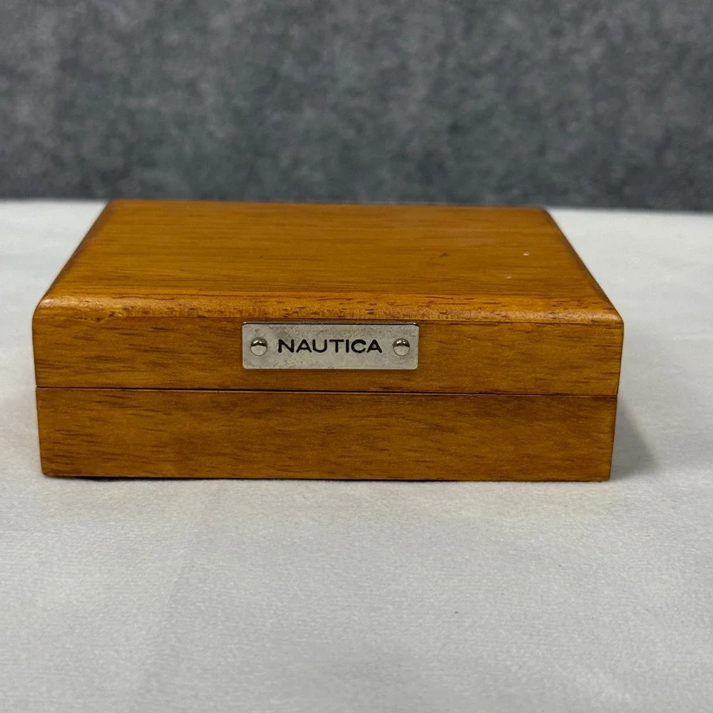 Nautica Mens Black Leather Card Holder Wallet Money Clip With Wooden Box